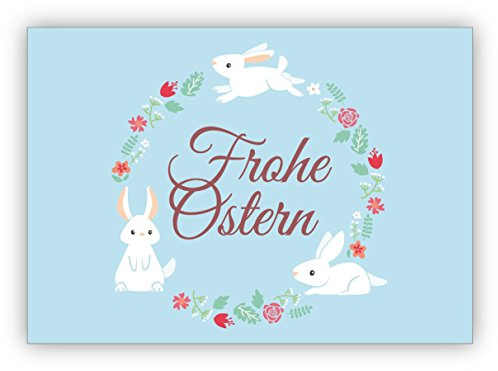 Niedliche klassische Osterkarte mit schönem Blüten Kranz und Osterhasen: Frohe Ostern • nette, hochwertige Oster Grüße im Set mit Umschlägen als liebe Geschenkkarte, Gutschein