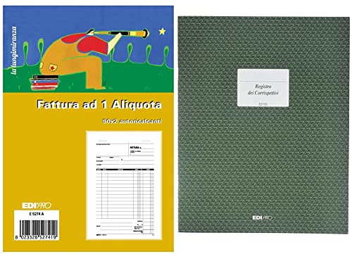 EDIPRO - E5274A - Blocco fattura 1 aliquota 50x2 autoricalcante f.to 22x14,8 & E2103 - Registro IVA corrispettivi 15 pagine numerate f.to 31x24,5