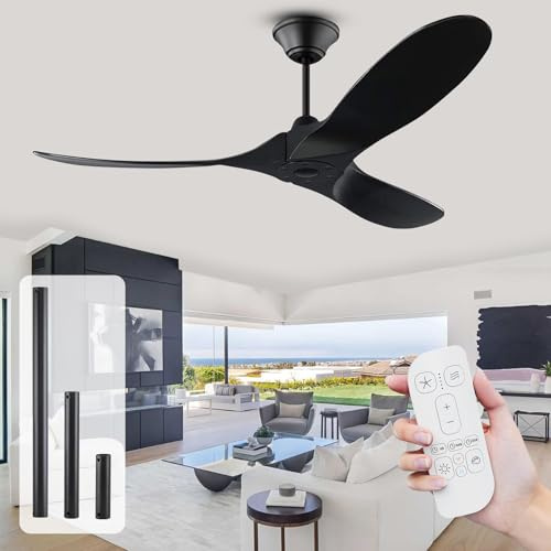 OUENGK Noire Ventilateur de Plafond avec Télécommande, 152 CM Ventilateurs Plafond avec Silencieux DC moteur, 6 Vitesses, 1-8 H Minuterie, 3 Bois Pales Ventilateur de Plafond sans Lumière pour Patios
