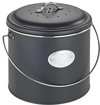 WENKO Komposteimer Mod. Nero 6 L, aus Metall, Deckel mit Silikonring, mit 3 Aktivkohlefiltern zur Neutralisierung von Gerüchen, Beschriftungsschild, Maße (B/T x H): Ø 22,5 x 22,5 cm, Schwarz