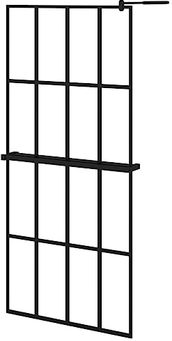 vidaXL Walk-in Shower Wall with Shelf – Black ESG Glass/Aluminium Enclosure (88-90) x 195 cm
