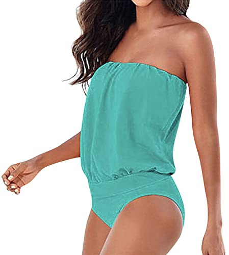 Einteiliger Badeanzug Damen Bauchweg - Bandeau Badeanzug Damen Sexy Trägerlos Bikini Große Größen Einfarbig Sexy Schulterfrei Bademode Schwimmanzug Strandmode Tankini Badeanzüge für Damen