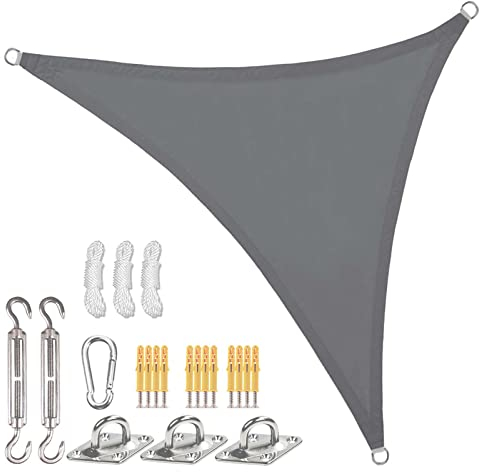 Sunal Sonnensegel Dreieckig 4x4x4m mit Befestigung Set,PES Polyester Wasserdicht,inkl Befestigungsseile,Für Sonnenschutz auf Balkonen,Gärten und Terrassen,Grau