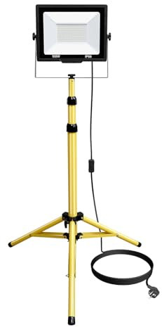 RIGIDON 100W Singola Proiettore LED da Lavoro, altezza regolabile treppiede faretto led, Faretti con Interruttore IP65 per uso Interno ed esterno - campo sportivo, cantiere, garage, luci da officina
