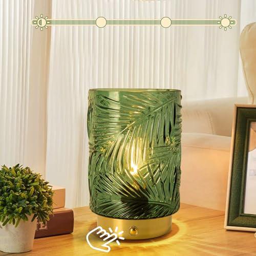 MJ PREMIER Rechargeable Table Lamp, Cordless Lamp with Dimmable Brightness | Green Glass Lamps with Memory Function, Decorative Touch Lamps for Bedroom Living Room