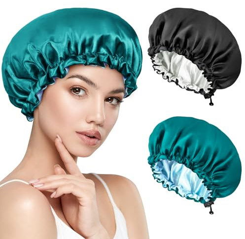Kiiwah 2 Stück Satin Bonnet, Schlafhaube Seide Doppelschicht Schlafmütze Seidenhaube Zum Schlafen, Silk Bonnet Sleep Cap Verstellbare Satin Haarhaube für Mädchen Dame Schütze Die Haare