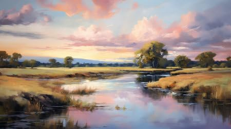 adrium Acryl-Bild 110 x 60 cm: Wunderschöne Landschaft mit Fluss und Bäumen bei Sonnenuntergang. Digitale Zeichnung. (211499822)