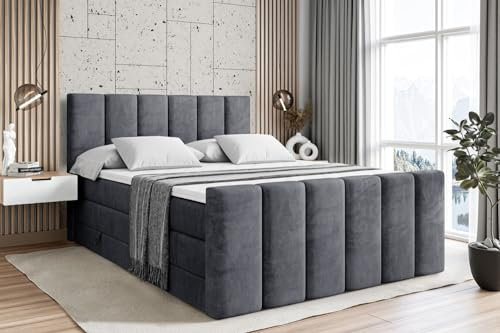 ALTDECOR Boxspringbett mit Matratze und Lattenrost, Topper, Fußteil,Polsterbett mit Bettkasten, Bett mit Stauraum H3- und H4- Matratze, Doppelbett - BOXI1-Z King - 200x200 - Dunkelgrau Samt