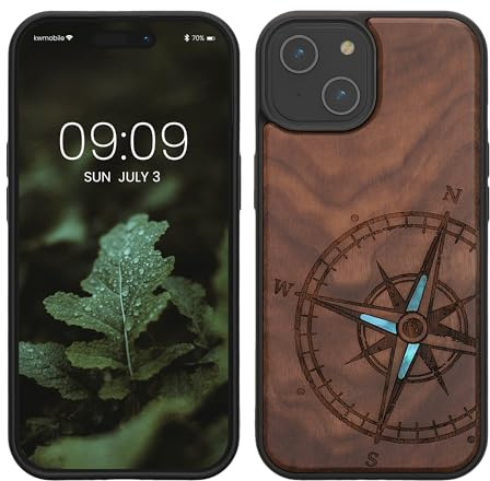 kwmobile Hülle kompatibel mit iPhone 15 Hülle - Holz Case - Handy Cover - TPU Handyhülle in Dunkelbraun Vintage Kompass mit Perlmutt