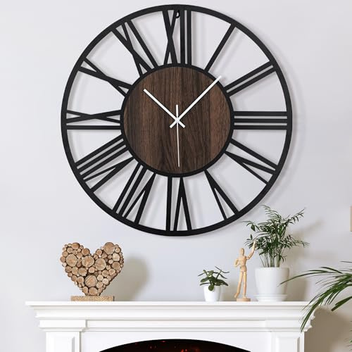 Mee 2ou Große Wanduhr Tickgeräusche, 60CM/24 Zoll Lautlos, Geräuschlose, Batteriebetrieben, Modern, Übergroße, Retro Vintage Übergröße Wanduhr für Wohnzimmer, Schlafzimmer Und Küche