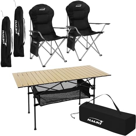 Hauki Campingmöbel Set 3tlg. Campingtisch faltbar Beige mit 2 Campingstühlen Schwarz, Camping-Set für 2 Person mit Tragetasche, Alu Klapptisch mit 2 Angelstuhl, Sitzgarnitur Sitzgruppe Gartenmöbel