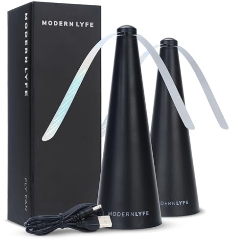 Fly Fans for Tables by Modern Lyfe - AA Battery & USB Powered - Fly Swatter Outdoor Camping Accessory Or for Food at Parties, Restaurants & Picnics, Bug Fan, Spinner Keeps Flies Away (2 Pack - Black)