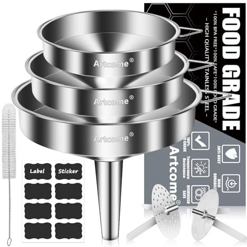 Artcome Juego de 3 embudos de cocina de acero inoxidable, embudo de metal 3 en 1 de grado alimenticio, ideal para transferir líquidos, salsas, mermeladas, partículas y polvo, embudos dispensadores con