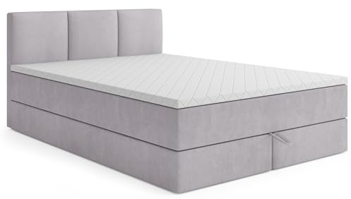 MRGROUP Boxspringbett mit Bettkasten RYGA 180 x 200 cm, Samtstoff, Polsterbett mit Bonell-Matratze und Topper, Doppelbett mit Stauraum, Bett für Schlafzimmer, Gepolstertes Kopfteil, H3, hellgrau