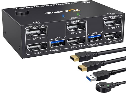 YOUTINGHDAV KVM Switch 2 Monitors 2 Computers Displayport 1.4, USB 3.0 KVM Switch Dual Monitor for 2 Computer Share 4 USB 3.0 Ports Mouse Keyboard, 4K@144Hz, Wired Remote(4K DP 2 in 2 out KVM)