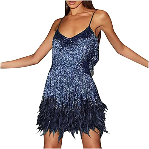 robe Disco sans Manches en Plumes à Sequins à Franges de Couleur Unie pour Femmes Sequins Paillettes Bretelles Spaghetti Cocktail Robe de Soirée