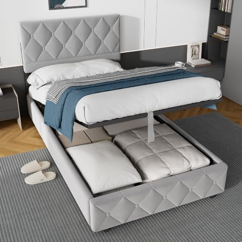 okwish Polsterbett 90x190 mit Bettkasten, Samt, Grau, ohne Matratze | verstellbares Kopfteil, Lattenrost aus Holz, Ideal als Einzelbett, Jugendbett und Stauraumbett
