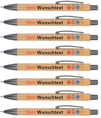 Personalisierte Bambus-Kugelschreiber mit Wunschdruck, Logos und Emojis | Umweltfreundliches Werbegeschenk | Hochwertiger Werbekugelschreiber als Geschenk für Messen | Blau schreibend (10Stück)