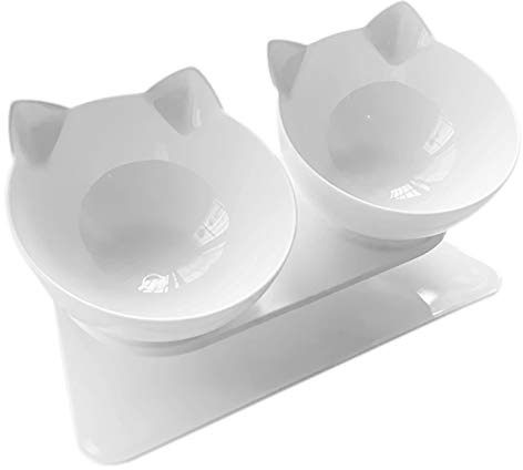 HuKaiL 2 Stück Katzennapf, 15° Neigung Futternapf Katze Katzennäpfe Hundenapf Erhöht mit 359ml Inhalt, Katzen Zubehör Katzen Napfset Wassernapf Weißes für Katzen und Kleintiere,13 * 13cm