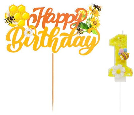 1 Pieza De Vela De Flor De Abeja, 1 Pieza De Tarjeta De Feliz Cumpleaños, Vela De Primer Cumpleaños, Vela Con Números Brillantes, Vela Creativa, Decoración De Pastel De Cumpleaños