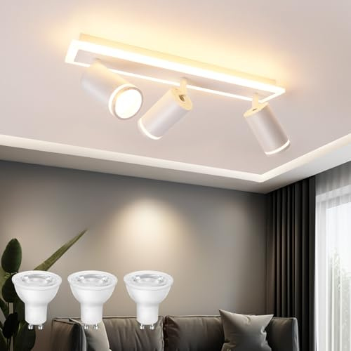 URing Deckenstrahler LED Weiß Deckenstrahler 3 Flammig Schwenkbar 350° | Deckenleuchte mit unteres Glühen 10W+ 3x5W GU10 LED, Küchenlampe GU10 Deckenlampe Spots für Küche, Wohnzimmer, Flur