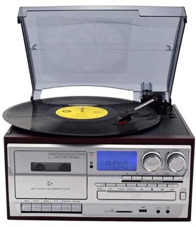 CAFIEDR Grammofono a Tre velocità, Giradischi, Giradischi Multifunzione Moderno, Radio CD, Telecomando, Bluetooth, USB, Altoparlante Incorporato(Argento)