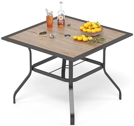 PHI VILLA Garden Table Only 4 Seater Wood-Like PVC Tabletop Bistro Patio | E-coated Steel Frame, 4 Seats, Parasol hole fits most Parasols, Rust-Resistant, Patio Dining Table Classic Brown