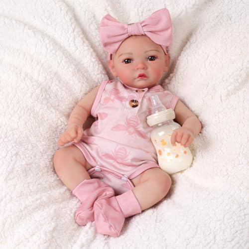 JIZHI Reborn Mädchen Baby Puppe - 17 Zoll Lebensechte Echte Babygröße Verwurzeltes mit weichem Baumwollkörper - Realistische Neugeborene Babypuppen (Blaue Augen)