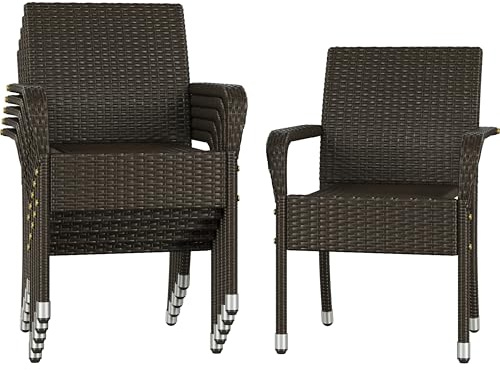 Abician Lot de 6 Chaises de Jardin en Rotin Synthétique Fauteuils Empilables d'Extérieur avec Accoudoirs Cadre en Métal Terrasse Véranda Balcon Salon Salle à Manger Marron