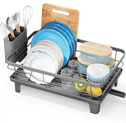 Urackify Dish Drainer Rack, Grey | Steel Kitchen Sink Drainer with Drainboard, Efficient Drainage, Utensil Holder
