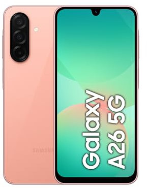 Samsung Galaxy A26 5G, smartphone Android, 128 GB di memoria, 6 GB di RAM, rosa pesca, fotocamera da 50 MP, display grande, lunga durata della batteria 1 anno/versione locale