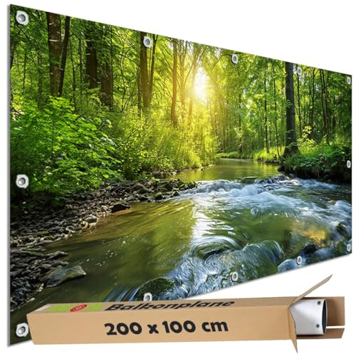 TRIOSK Sichtschutz Balkon Deko Plane Balkonblende Blickdicht mit Motiv Waldfluss Wald Sonnenlicht für Garten Terrasse Gartenzaun Balkonverkleidung Blickschutz PVC groß 200x100 cm