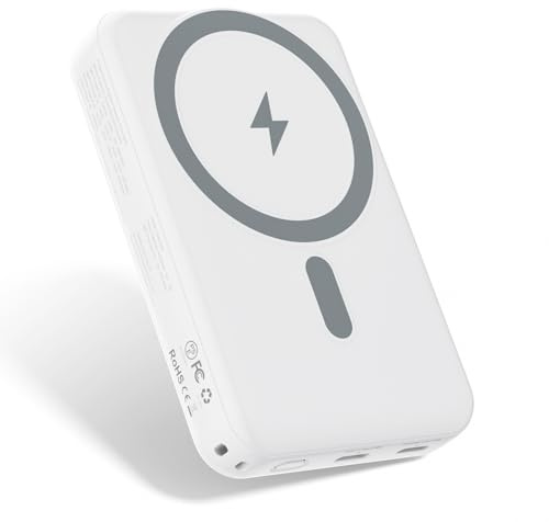 Jonwall Power Bank für MagSafe, 10000mAh magnetisches drahtloses Ladegerät,20W Schnellladebatterie mit USB-C Kabel,Kompatibel mit iPhone 16/15/14/13/12 Serie (Weiß)