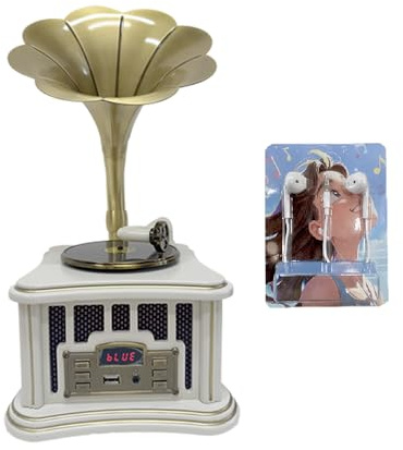 Vintage Grammophon Musik Lautsprecher mit Kupfer Horn, Portable Stereo Sound, USB/TF/AUX Unterstützung, Zubehör mit Headset, Weiß，RT137