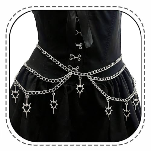 Wloisc Thorn Heart Waist Chain Belt - Punk Gothic Crossover Spike Body Belly Chains Tassel for Women Girl (Silver) (Thron Heart)