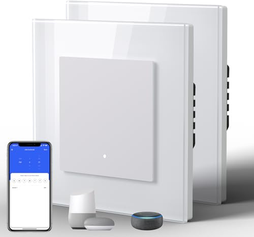 BSEED Lichtschalter Glas Smart WiFi Wechselschalter Compatibel mit Google Home und Alexa Neutrale Leitung Benötigt, 1 Fach 2 Wege,86mm Weiß, 2 Pack