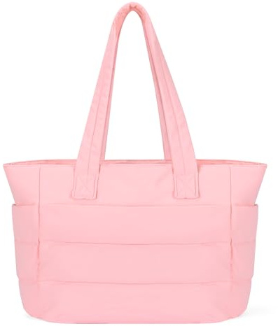 Outplea 15L Bolso Tote Pequeña Mujer, Bolso 15.6 Ordenador Portatil Moda, Bolsos Shopper Ligero, Bolsos Bandolera Acolchado para Universidad Trabajo, Rosa