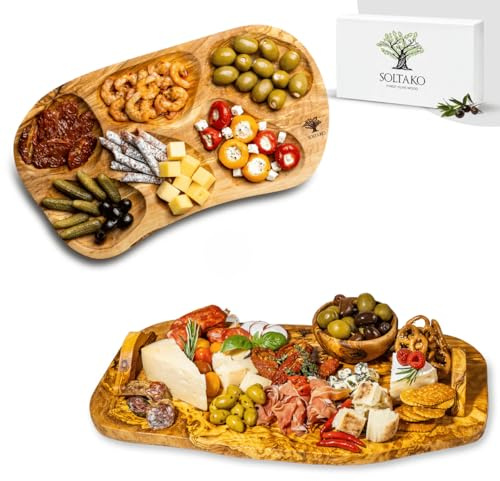 SOLTAKO Olivenholz Geschenksset ideal für Tapas und Snakcs Bundles The Bavarian Brettl 40cm + La Rustica. Handmade 100% Olivenholz