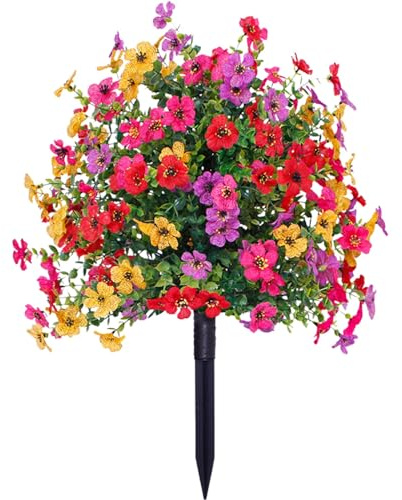 Qianderer Artificial Flower with Detachable Garden Stake UV Resistant Realistic Morning Glory Bush Yard Stakes for Outdoor Lawn Decorations (Multi-Color, 60cm)