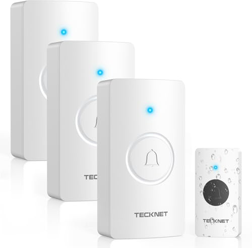TECKNET Funkklingel, Funkklingel Batteriebetrieben mit 3 Empfänger 1 Sender, 400m Reichweite IP67 Funkklingel aussen wasserdicht, Kabellose Türklingel, Haustür Klingel mit 5 Lautstärken 60 Melodien