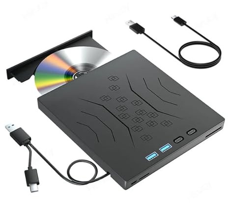 TIEOAXFT 7-in-1 External Optical Drive USB3.0 Type-C Portable CD DVD RW Player for Laptop PC Windows DVD Burner with SD TF Card Slots