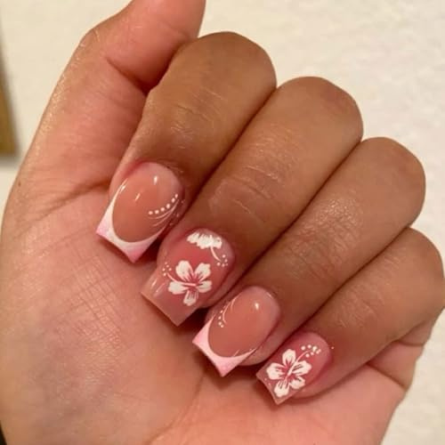Ceboic 24 Stück Rosa French Press on Nails, Kurz Eckig Künstliche Nägel mit Niedlich Blumen Design, Acryl Full Cover Kunstnägel Fake Nails, Natürlich Fingernägel Zum Aufkleben für Frauen & Mädchen