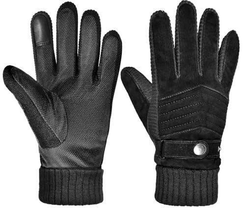 Harssidanzar Guanti da uomo in pelle di maiale per l'inverno con motivo a rete sulla schiena e fodera in pile CM004EU, Nero, Taglia unica
