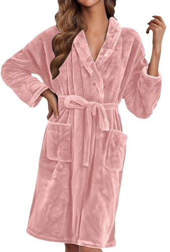MJGkhiy Peignoir d'hiver pour femme en polaire courte avec poches et ceinture douce et chaude en flanelle, Rose clair, L