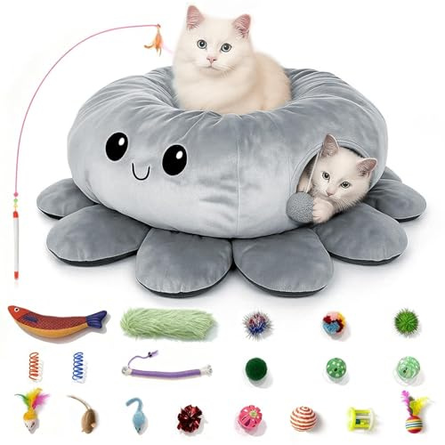 VIEFIN Cat Tunnel Bed for Indoor Cats, Peekaboo Cat Cave Bed, Grey | with 20 Pcs Cat Toys, Soft Cat Donut Tunnel for Kitten Large Cats, Grey Octopus