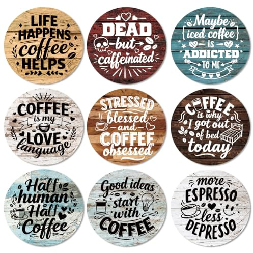 ANATTASOUL Untersetzer Holz Rund, 9 Stück Kaffee und Humor Holzuntersetzer Wiederverwendbare Untersetzer Gläser, Tasse Coaster Mat für Zuhause Büro und Bar Tischdeko Sommer