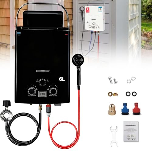 Chauffe-Eau Portatif, Chauffe-Eau À Gaz Extérieur,1,58 Gpm, 6 L, 41 000 Btu, Avec Affichage Led,Protection Contre La Surchauffe,Adapté Au Camping,Au Camping-Car,À La Cabine,À La Grange black