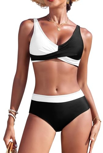 Svanco Costume Donna Due Pezzi Bikini Vita Alta, V-Apertura con Croce e Design Color Block, Costumi Bagno Curvy per Mare e Piscina
