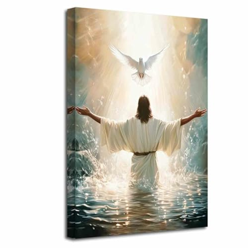 LZIMU Jesus Christliches Bild Religiöse spirituelle Gemälde Leinwanddruck Bibelgeschichten Christus Gott Poster Jesus Rücken Frieden Taube Kunstwerk Dekor (Weiß, (45L x 30B cm))