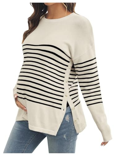 BEAUDRM Women's Striped Button Detail Crew Neck Maternity Nursing Sweater Long Sleeve Pullover Tops Multicolor Medium